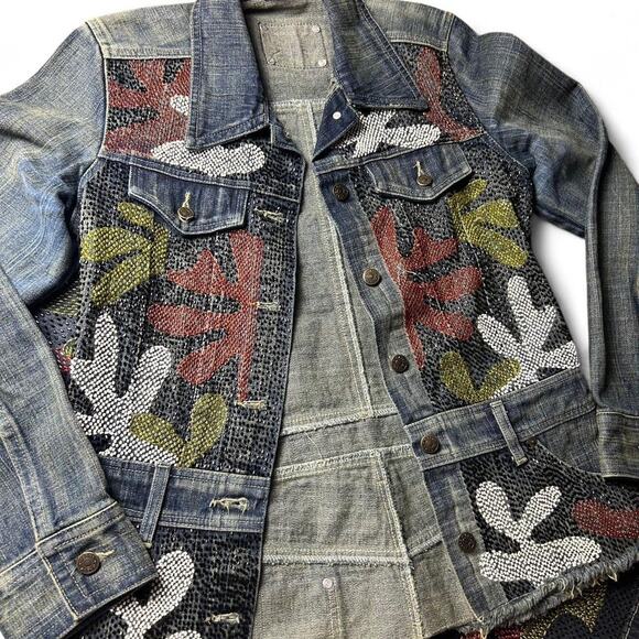 Gazoz Embellished Denim Jacket and Pants Set - Beaded Abstract Pattern 70s - Picture 2 of 4